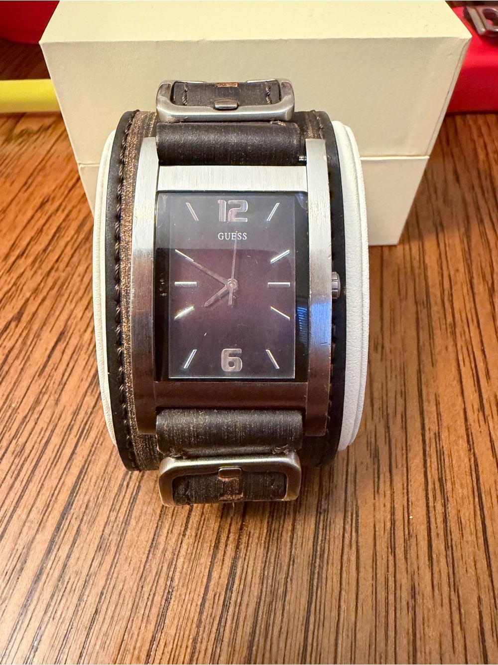 Vintage Guess G66391G Rectangular Men's Watch Brown Wide Leather Biker Cuff Band